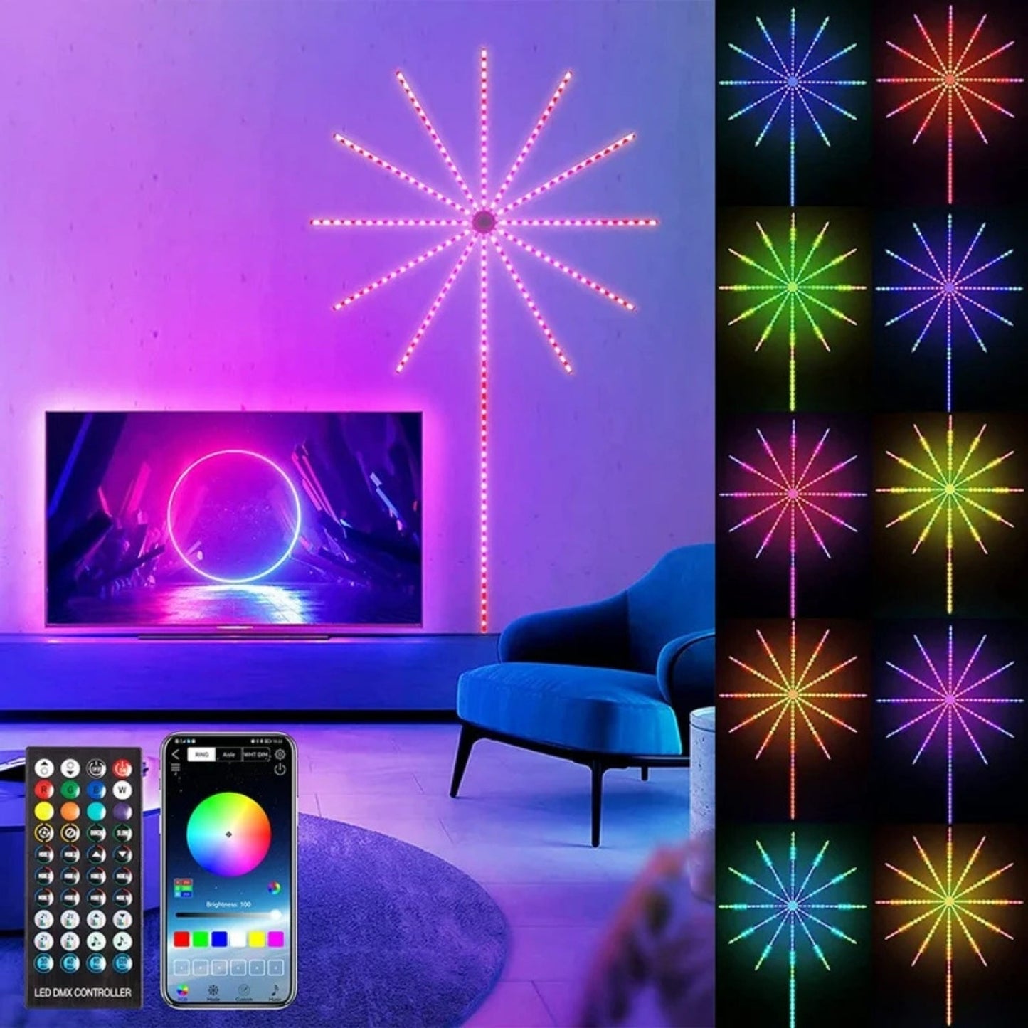 Smart Fireworks Led Light Music Sync with Launch Effect Remote & APP Control Light Strip